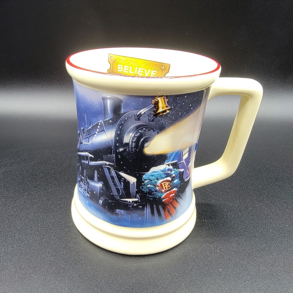 The Polar Express BELEIVE Believe Coffee Hot Chocolate Tea Mug Red Rim Christmas